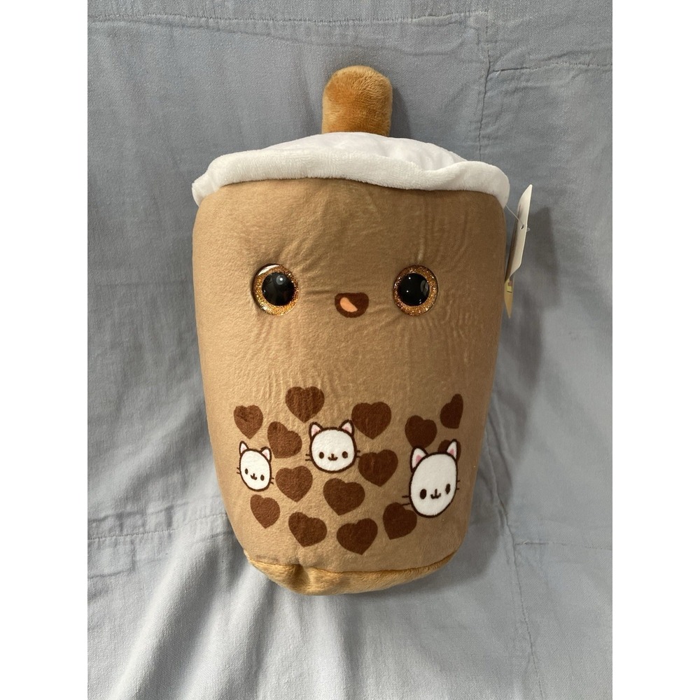 NEW Ideal Toys Direct Brown Boba Tea 12" Plush Stuffed Toy w/ Boba Hearts & Dogs